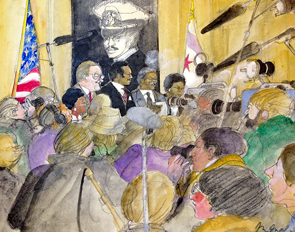 Franklin McMahon watercolor and pencil image of politians in press conference