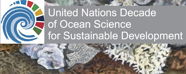 Logo for United Nations Decade of Ocean Science for Sustainable Development, on background of Margots painting